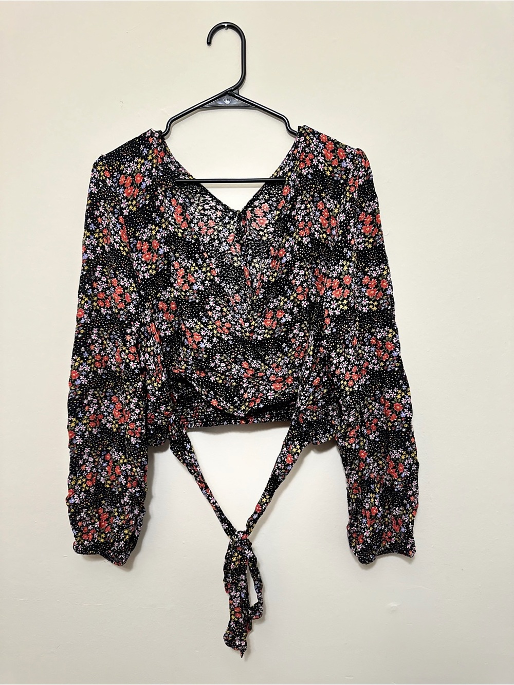 Forever 21 Black Floral Tie-Front Crop Top with Pink & White Flowers